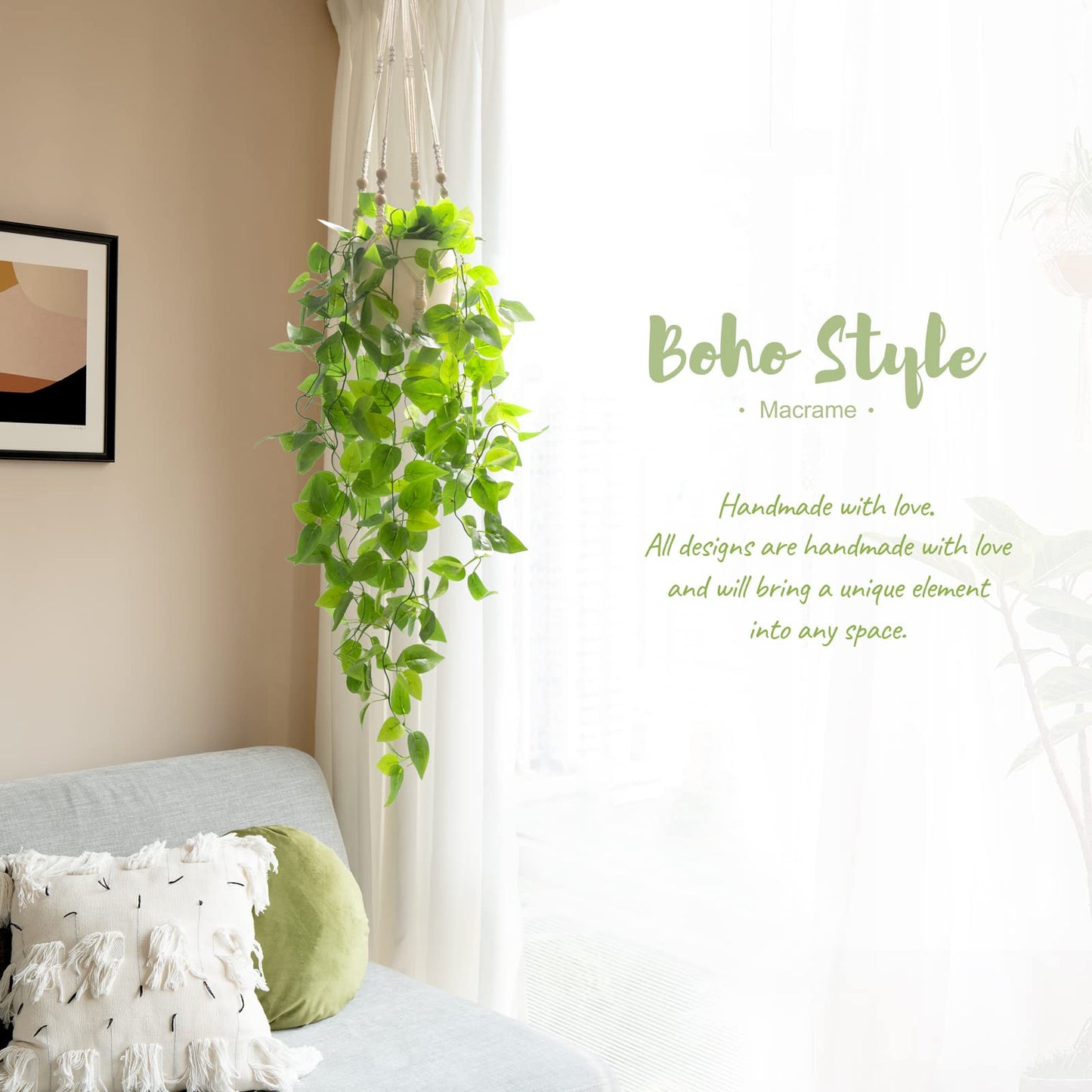 Mkono sSet of 4, 2 Packs Artificial Ivy Macrame Hanging Shelves with Lights, and 2 Packs Fake Hanging Plant with Pot