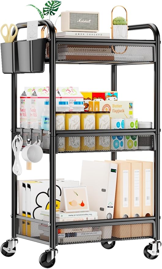 YASONIC 3 Tier Rolling Cart – Metal Utility Storage Carts