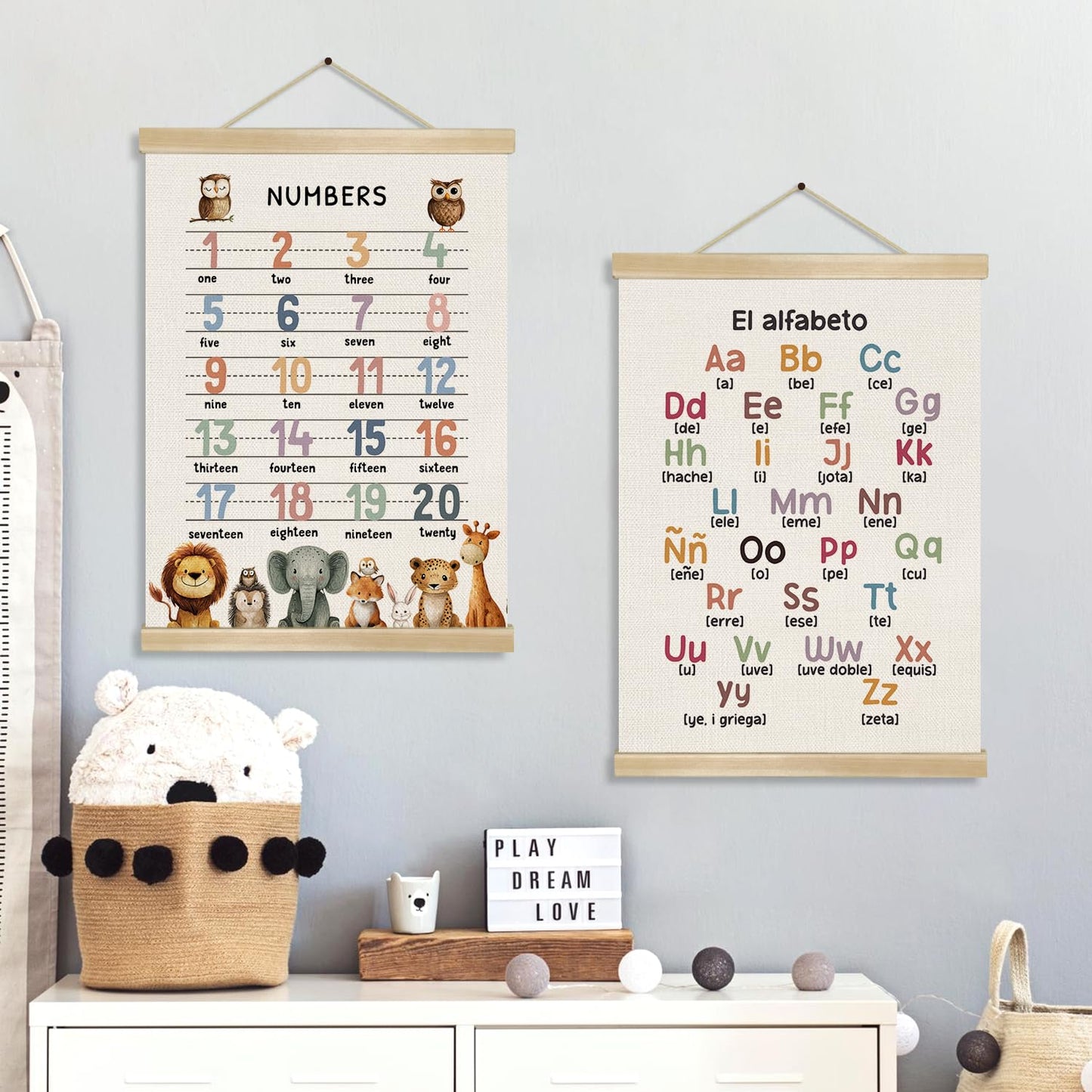 Number and Alphabet Poster Set of 2,Classroom Education Canvas Print Wall Art ,1-20 Nmuber and 26 Letters Wall Hanging Posters for Homeschool Nursery Playroom,Kids Room Decor,14x18.5 Inch(ABC&123)