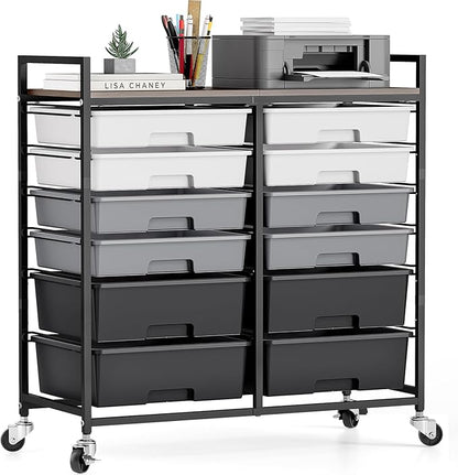Rolling Storage Cart with 12 Drawers, Wooden Tabletop Utility Cart for Craft Storage, Art Supply Storage & Home Office Organization, Teacher Cart with Wheels for Classroom Organization, School (Grey)