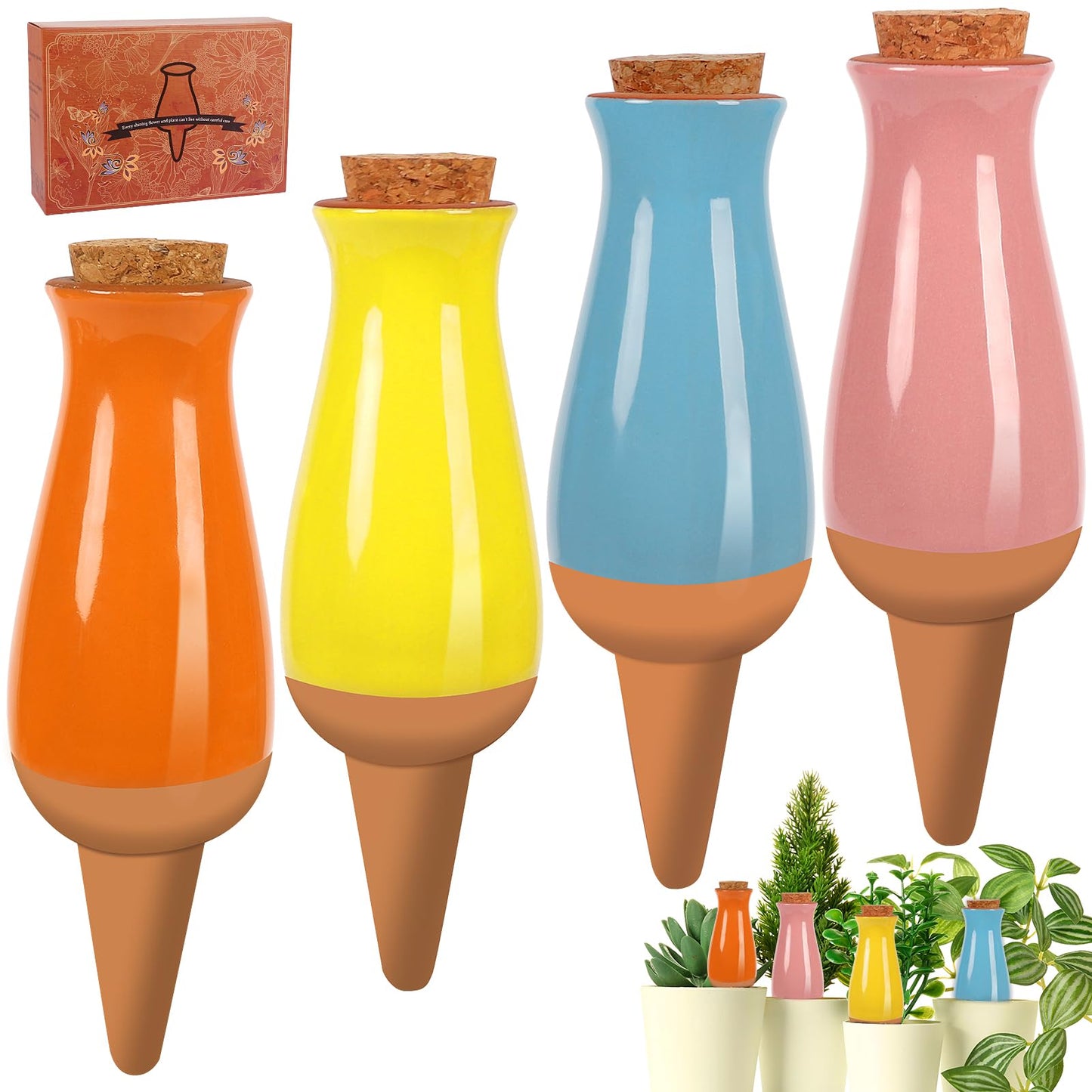 4 Packs Ollas Plant Watering Globes, 12 Oz Terracotta Self Watering Planter Insert, Automatic Watering Devices, Clay Drip Irrigation Stake for Indoor & Outdoor Plant, 1 Week Easy to Refill(Multicolor)