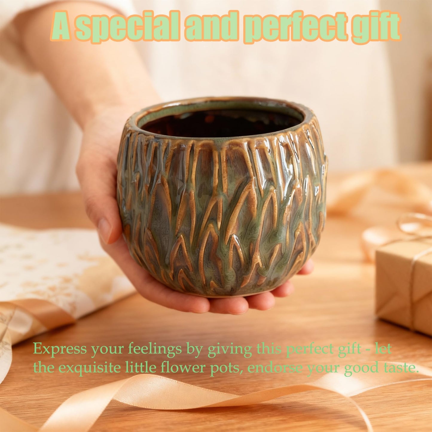 YIOXIN Ceramic Planter,Small Planter,Cute Succulent Garden Pot,Indoor and Outdoor Universal Plant Pot,Small Pot Without Drainage Hole,Home and Office Decoration, (Dark Green)