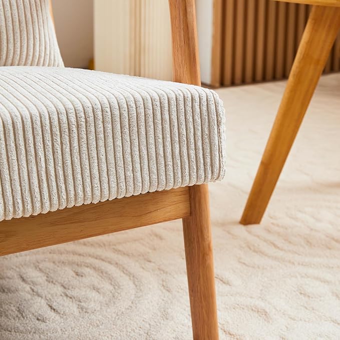 Mid-Century Modern Accent Chair Beige Rubberwood Frame Living Room Bedroom