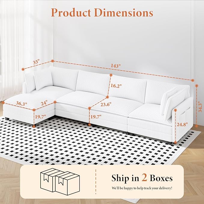 Vesgantti 143" L Shaped Modular Sectional Sofa, Comfy Corduroy Upholstered