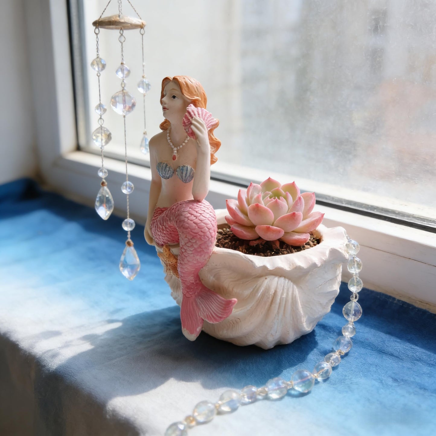 KARSTSYLVA Mermaid Resin Planter Statue, Conch Base Succulent Flower Pot for Home Garden Nautical Decor (Pink)