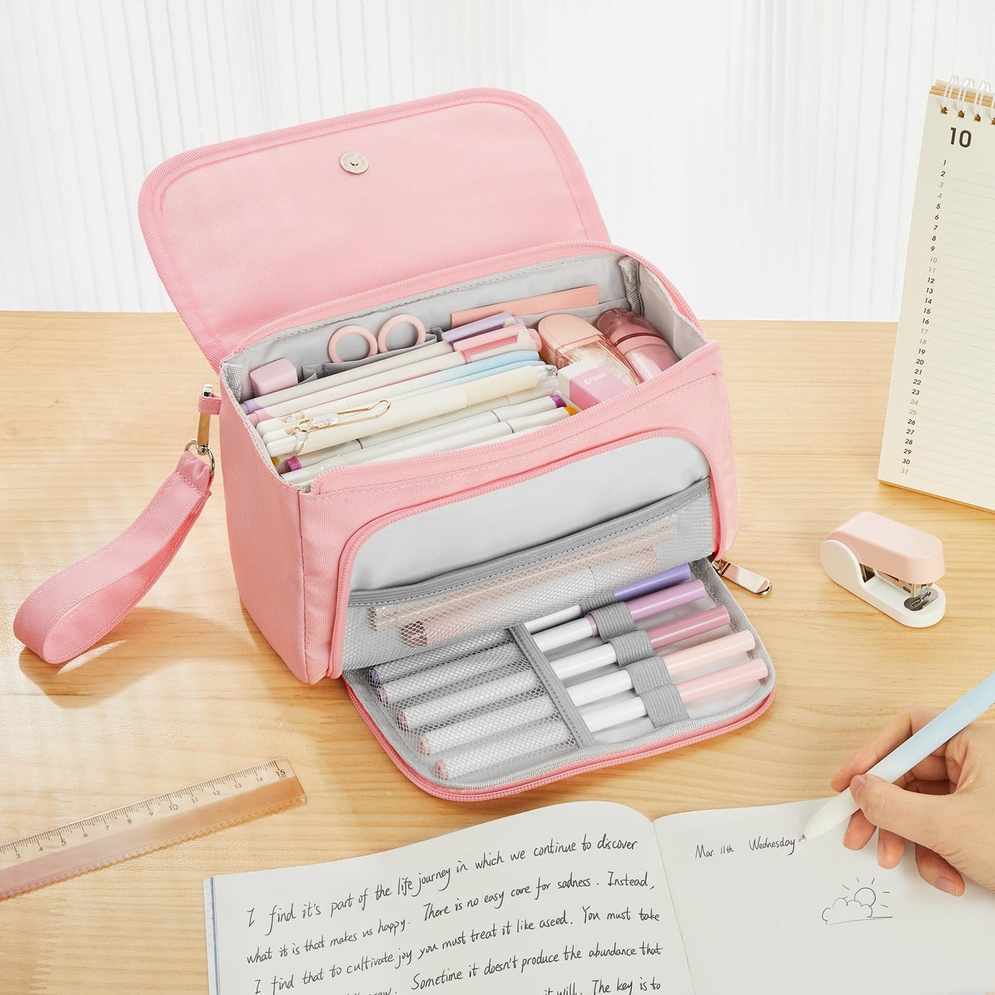 Sooez Super Large Pencil Case, Big Capacity Pencil Bag with 3 Compartments, Hold 200 pencils, Cute Pencil Pouch with Zipper, Portable Stationery Pen Bag, Aesthetic School Supplies For Girls, Pink
