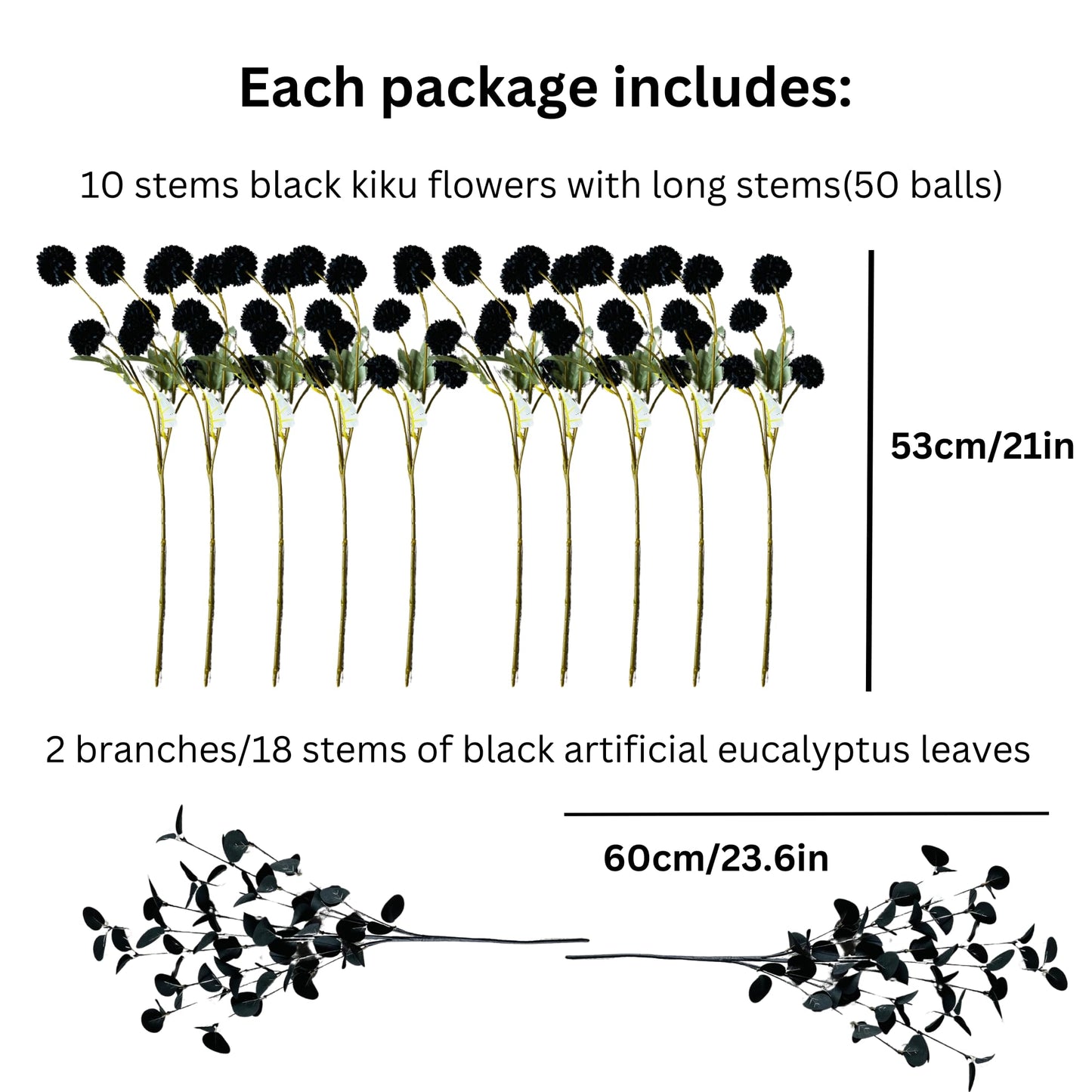 RyddeligHome Black Artificial Flowers for Centerpieces Bulk 10 Long Stems /50 Small Faux Silk Mum Balls + Black Eucalyptus Stems 2 Branches, Fall Boho Halloween Home Decor Indoor, Gothic Flowers