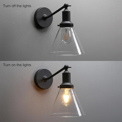 PERMO Industrial Vintage Slope Pole Wall Mount Single Sconce with Funnel Flared Clear Glass Shade Wall Sconce Light Lamp Fixture (Black)