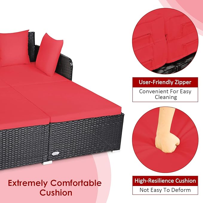 COSTWAY Outdoor Patio Rattan Daybed, Sponge Cushioned Loveseat Sofa