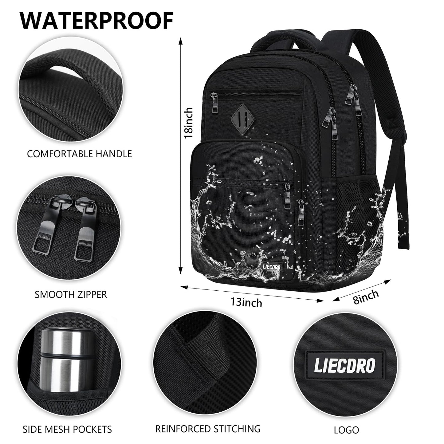 LIECDRO Black Backpack for Men, School Backpack for Boys Teens,15.6 inch Laptop Back Pack with Reinforced Straps, Backpacks for School Business Work College Travel, College Book Bag, Bookbag