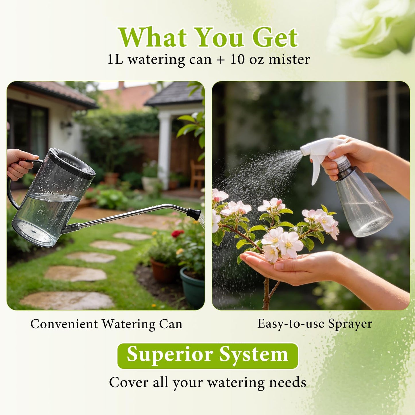 Watering Can for Indoor Plants, Small Watering Cans for House Plants, Succulents and Flowers, Long Spout, 1 Liter, with Bonus Plant Mister Spray Bottle for Plant Bonsai