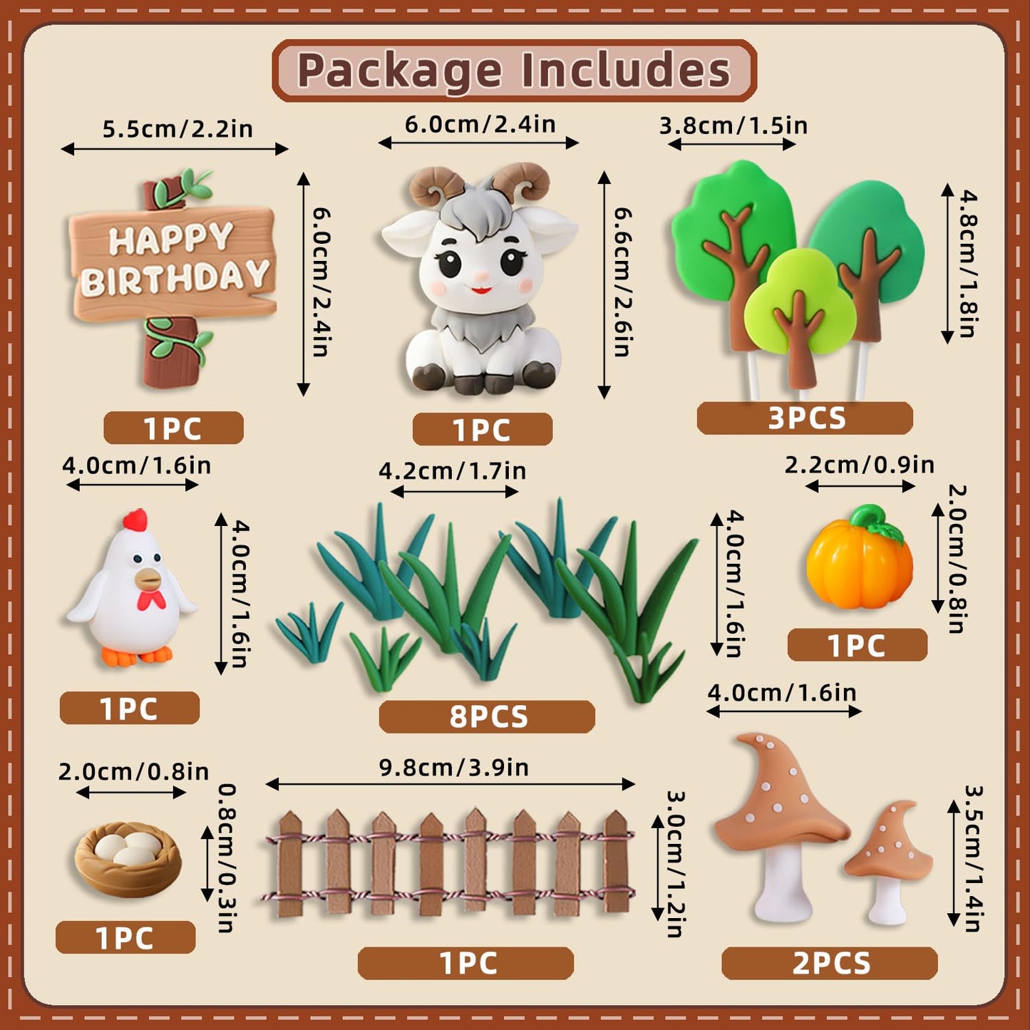 Rustic Farm Theme Cake Decorations Set - "Happy Birthday" Sign, Goat Figurine, Tree Accents, Chicken & Resin Pumpkin Decor, Grass & Fence & Mushroom Accessories, Premium Soft PVC Dessert Toppers