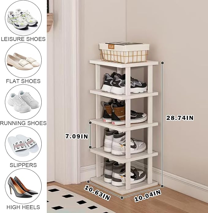 SAN HE Bamboo Shoe Rack 5Tier- Vertical White Shoe Rack