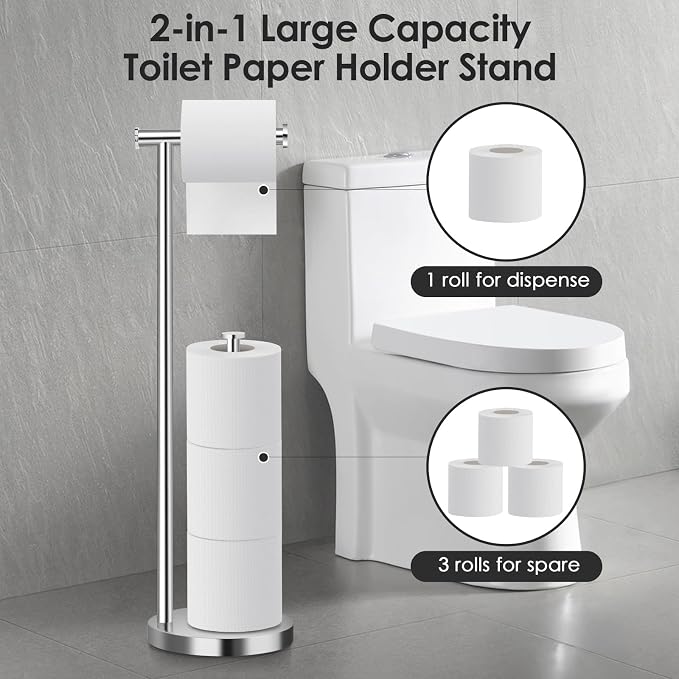 Toilet Paper Holder Stand, Bathroom Toilet Paper Stand with Large Reserve, Non Tipping Weighted Free Standing Toilet Paper Holder, Rustproof & Anti-Corrosion Chrome Toilet Paper Holder Free Standing