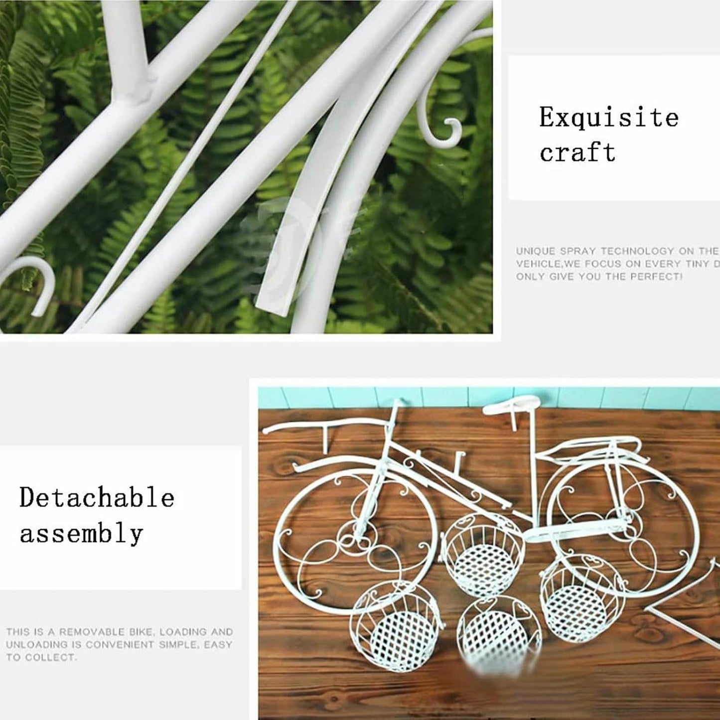OJHVTCXD Bicycle Plant Stand with 4 Baskets Wrought Iron Flower Pot Cart Holder for Outdoor Garden Home Decor Deck Patio (White) Stand