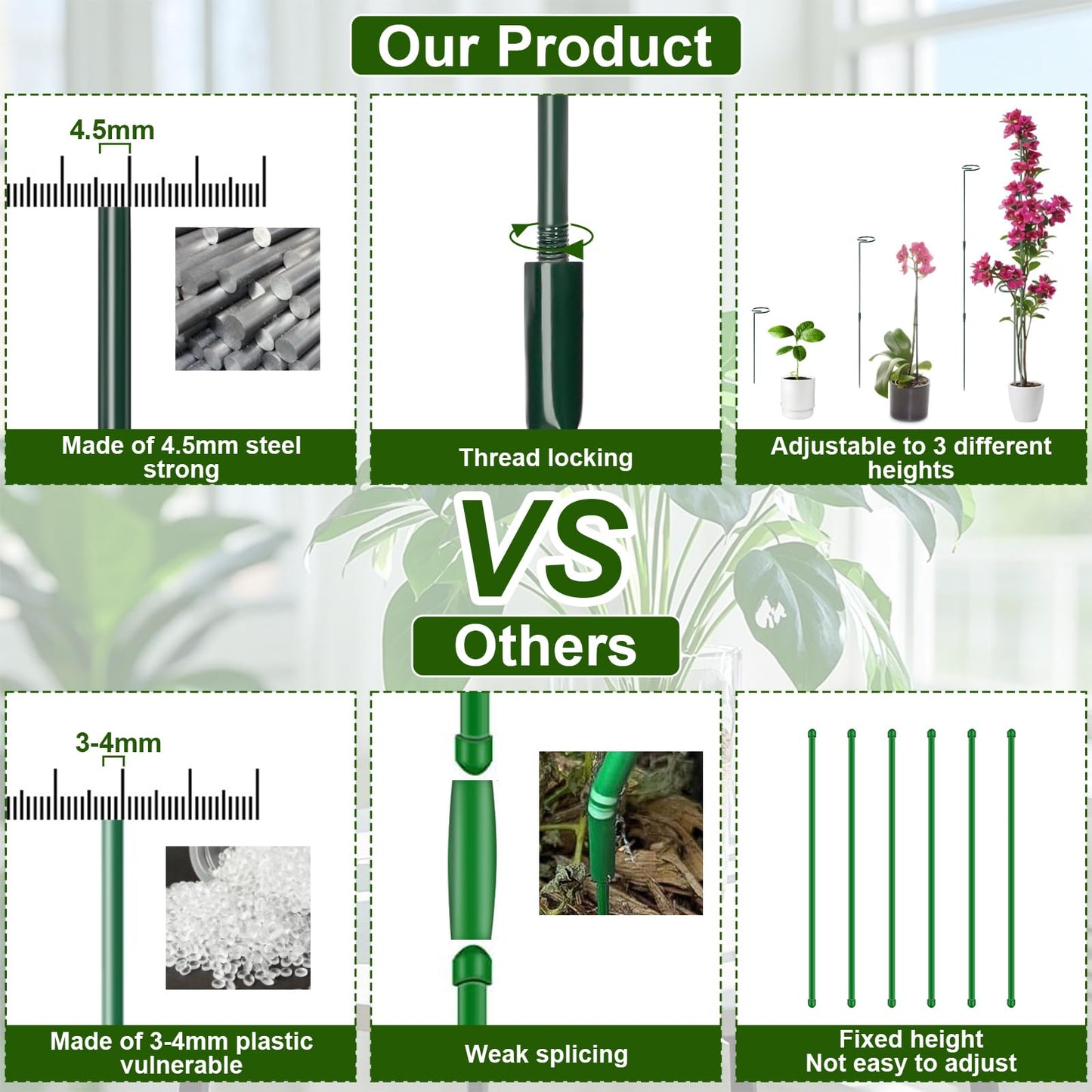 Mwellewm 6 Sets Plant Stakes 12/25/36 Inch Adjustable Plant Support Stakes Tall for Indoor Outdoor Plant Holder Stick Steel Garden Stem Pole Amaryllis Stakes with 30 Clip for Tomato Orchid Lily Flower