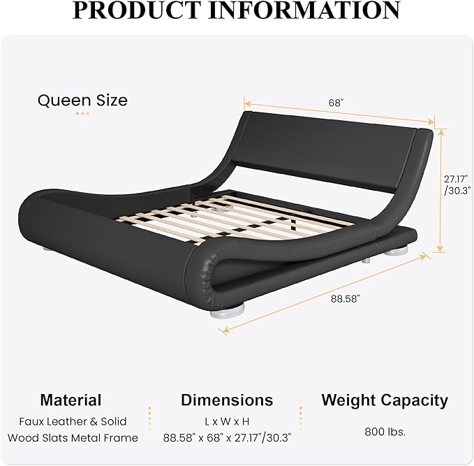 SHA CERLIN Queen Size Upholstered Bed Frame, Deluxe Low Profile Sleigh Bed
