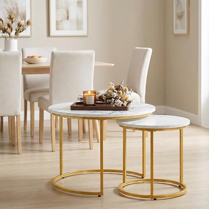 Round Nesting Coffee Table Set of 2, Modern Marble Pattern Wooden Nesting Tables