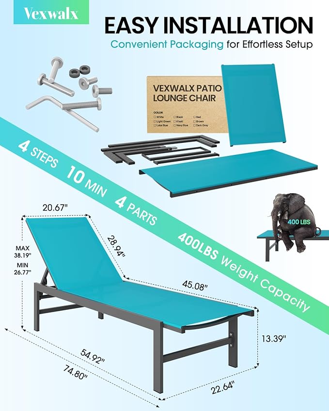 Vexwalx Outdoor Lounge Chair for Pool, Aluminum Chaise Lounge Chairs