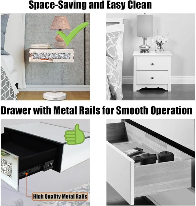 Mirrored Floating Bedside Nightstand
