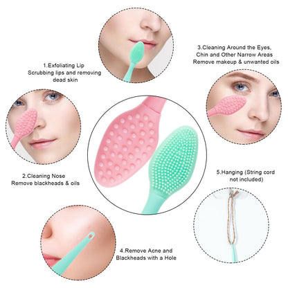 Silicone Facial Cleansing Brush 3 Pack, Beomeen 4 in 1 Handheld Face Scrubber for Deep Gentle Exfoliating, Double-Ended Face Wash Scrub Brush for Face Skincare and Massage (Green)