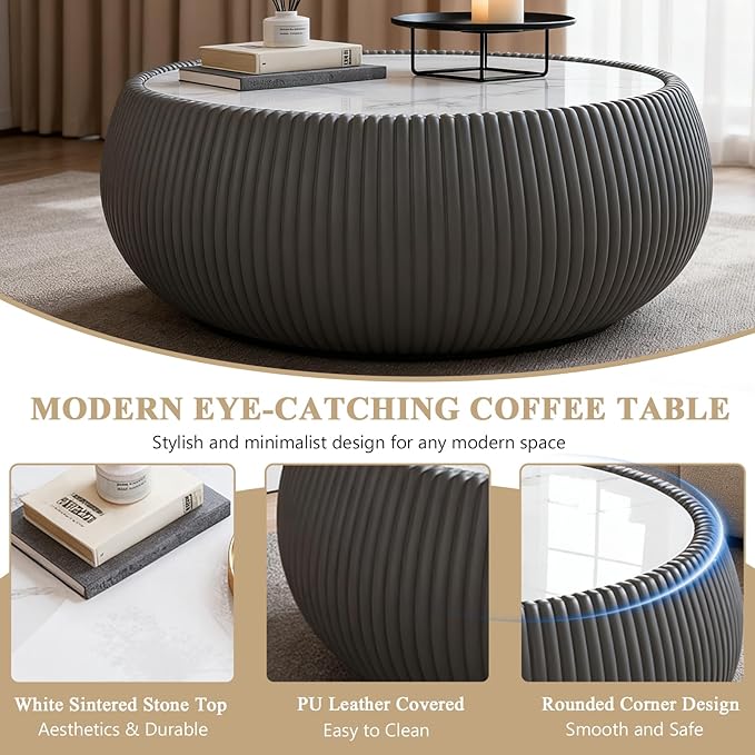 27.55" Round Marble Coffee Table, Modern Fluted Coffee Table
