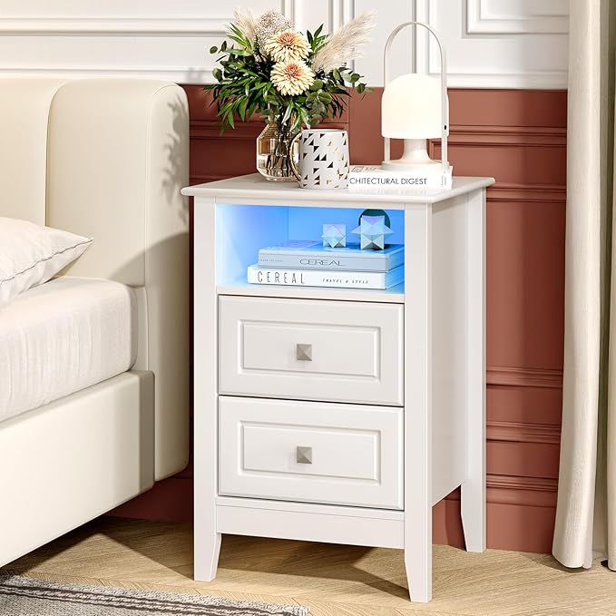 Bonnlo White Night Stand with Charging Station, Led Nightstand White Wood