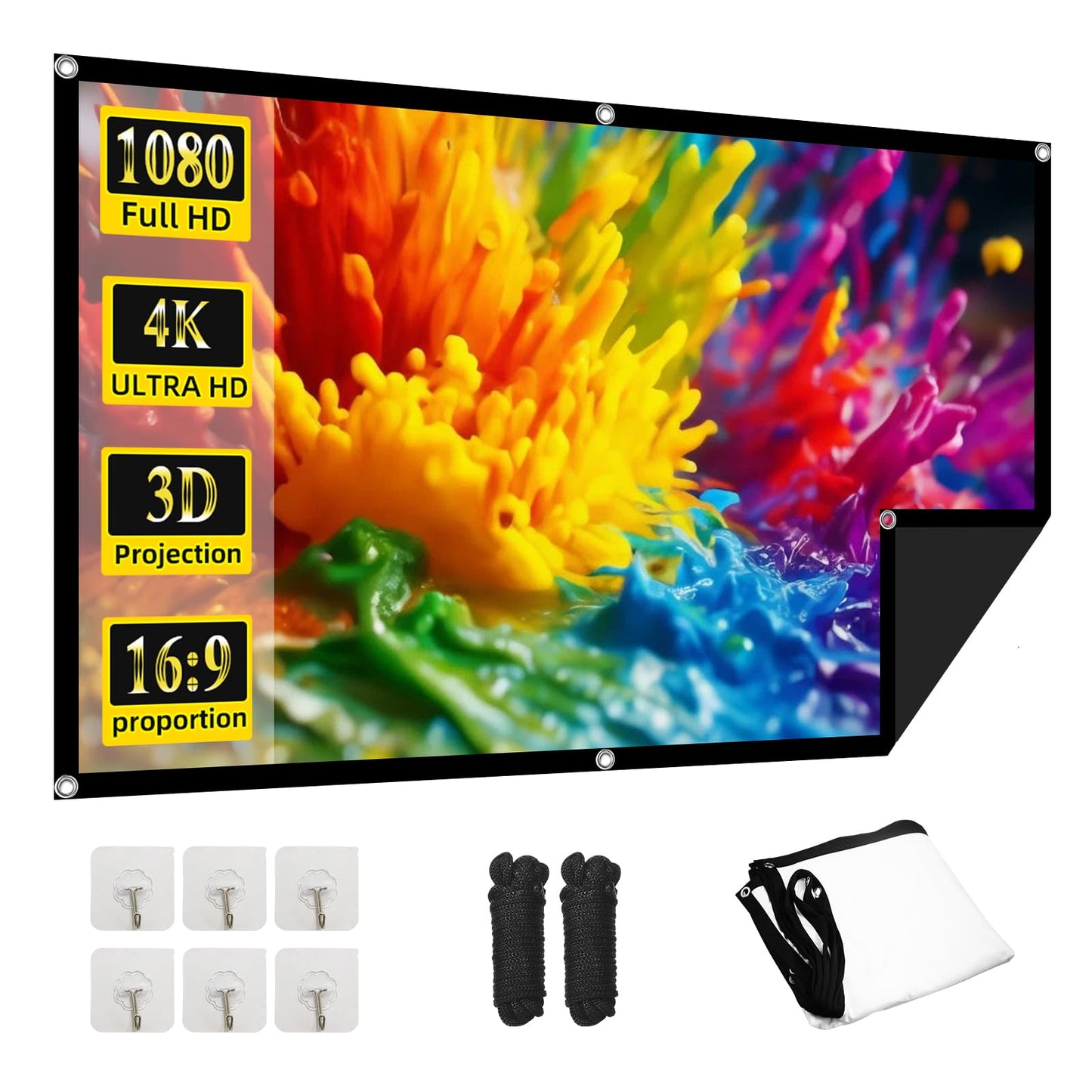 Projector Screen, 72Inch Outdoor Projector Screen, Washable & Foldable - Ideal for Indoor/Outdoor Home Theater, Camping, Office, 16:9 Aspect Ratio, 4K HD, Projector for Movies On Wall