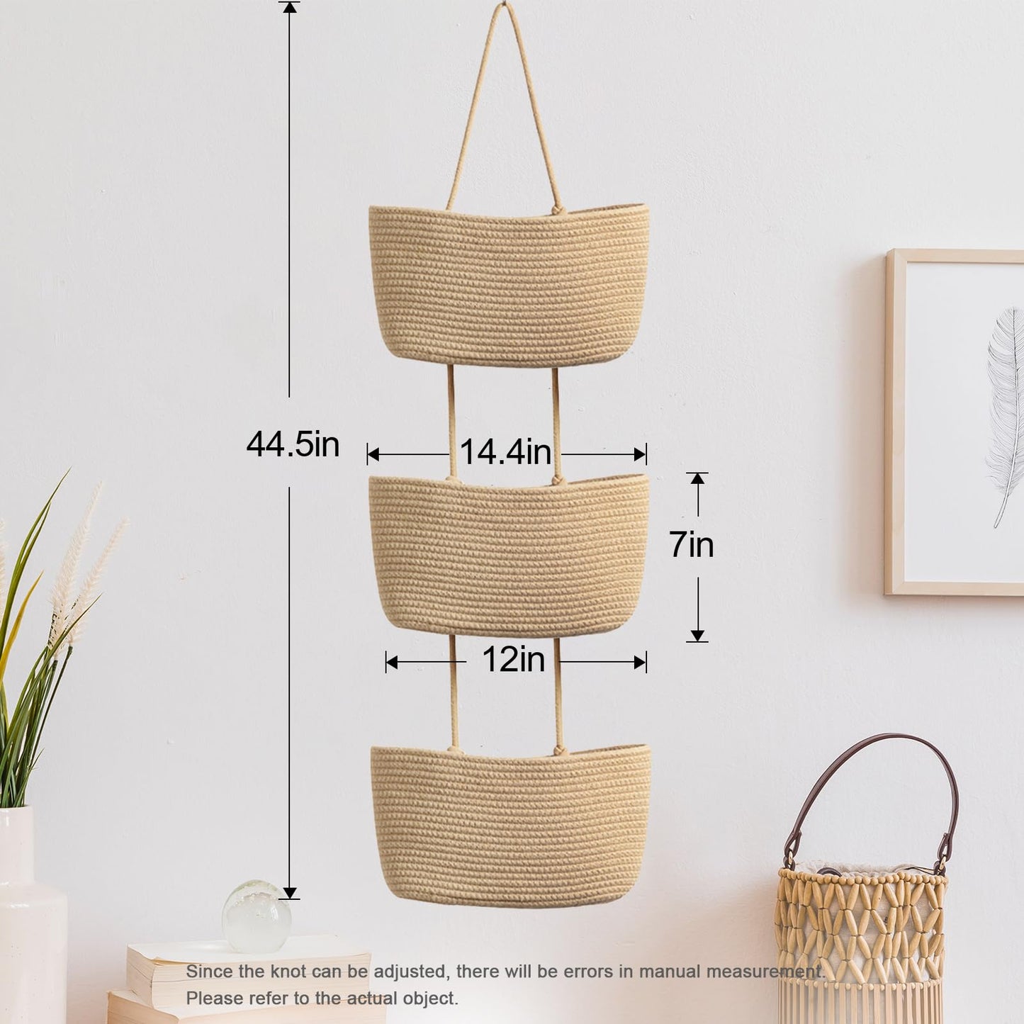 TeoKJ Over the Door Hanging Basket, 3-Tier Woven Cotton Wall-Mounted Storage Organizer Bag Decorative Hanging Nursery Baskets, Jute