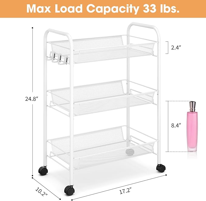 TOOLF 3-Tier Metal Rolling Cart, Mesh Wire Easy Assemble Utility Cart, Storage