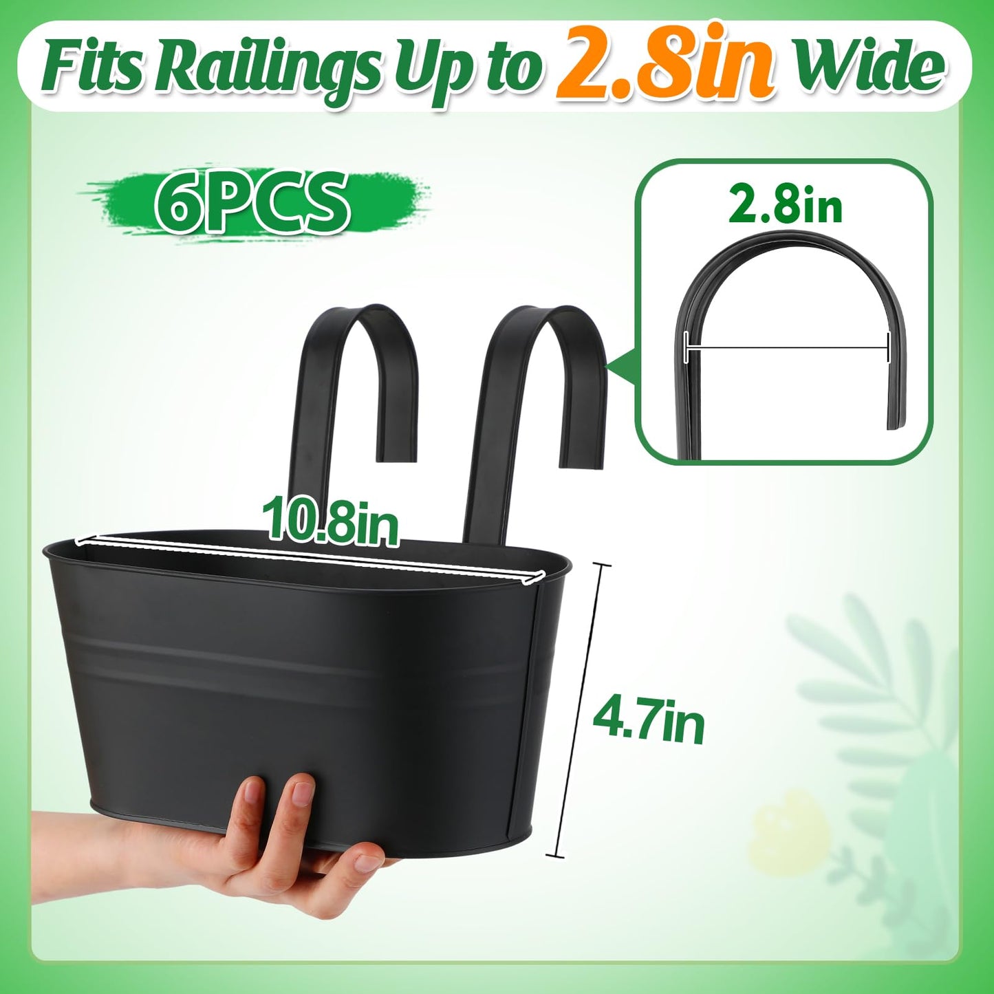 MADHOLLY Railing Planter with Drainage Holes - 6Pcs Sturdy Bucket Pots for Railing Fence, Countryside Style Metal Flower Pots for Herbs Balcony Garden Yard Decor, Black