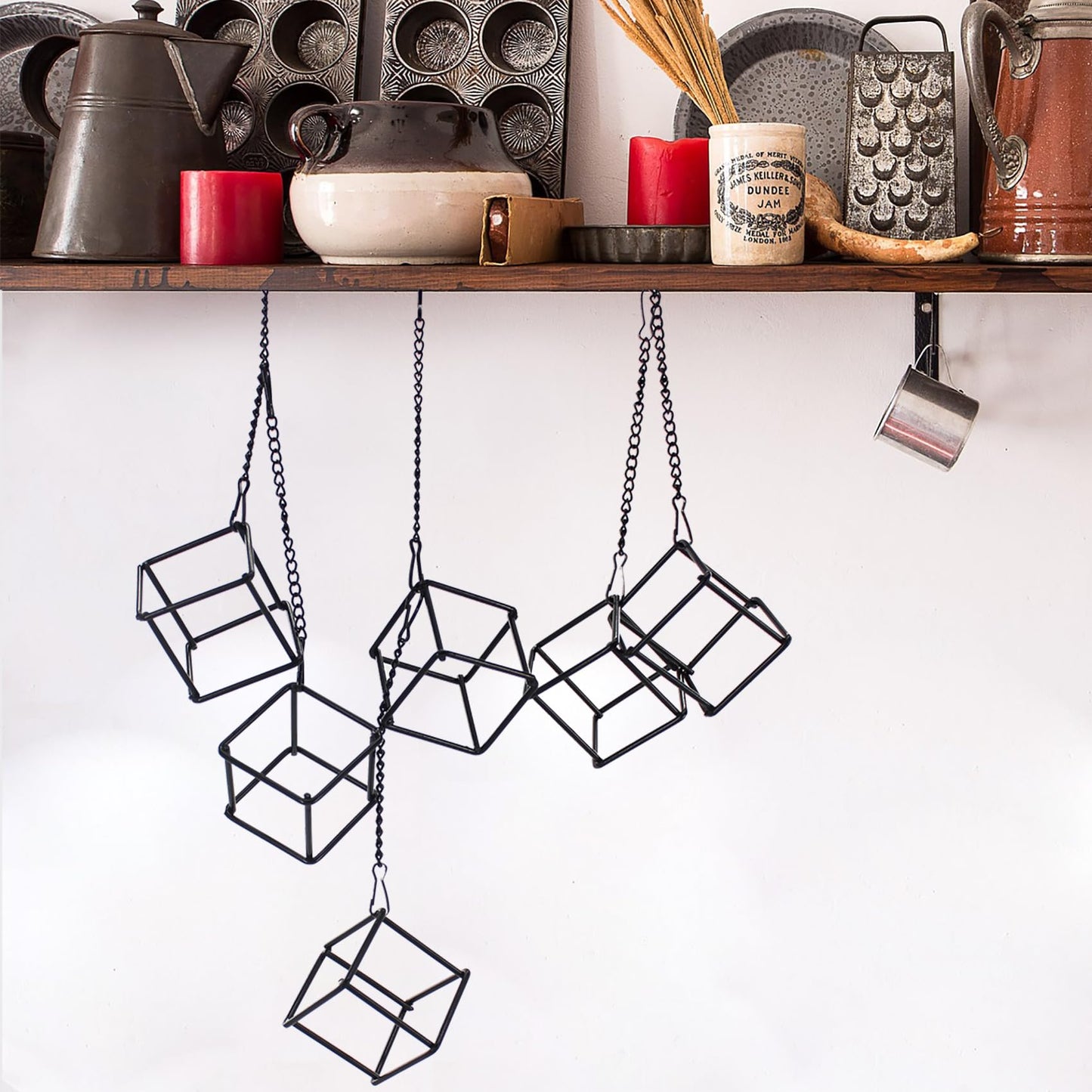 6 Pack Metal Hanging Air Plant Holders - Geometric Black Cube Tillandsia Hangers with Long Chains, Wall or Ceiling Mount for Small Air Plants, Home & Office Boho Decor (Individual or Combined Use)