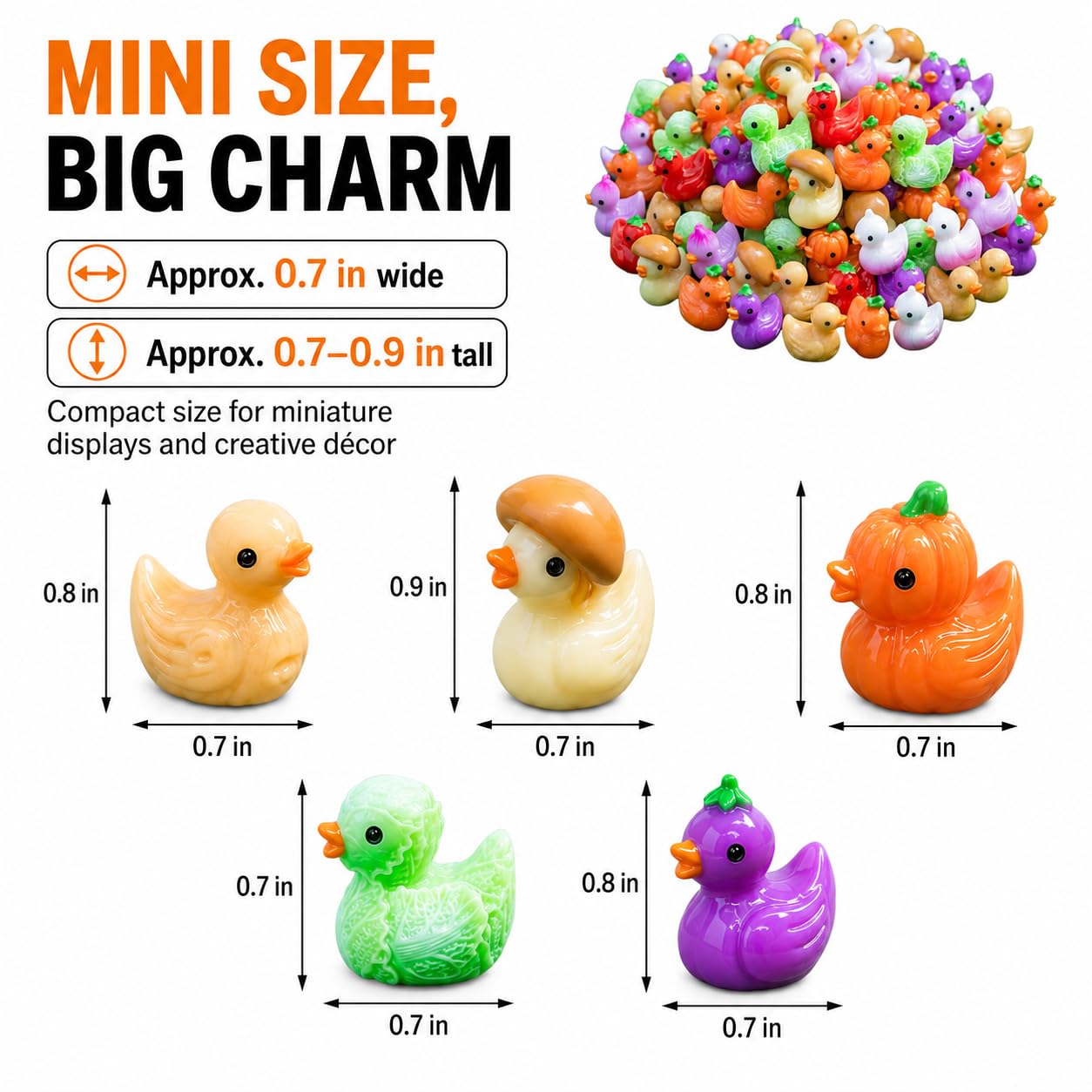 90Pcs Mini Resin Ducks Bulk, Vegetable Fruit Tiny Duck Figurines, Mushroom Pumpkin Strawberry Miniature Figures for Fairy Garden, Micro Landscape, Slime Charms, Cake Toppers, Small Prizes(DUCK)