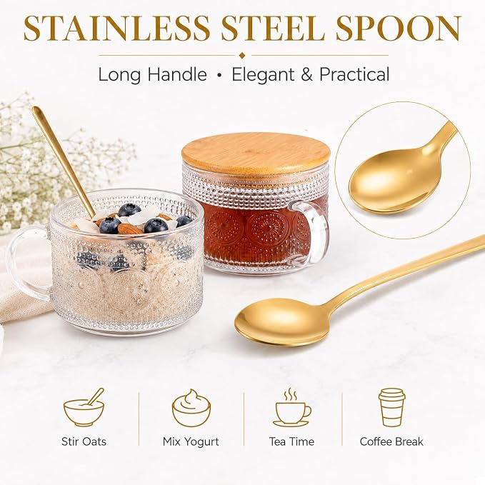 Semderm Vintage Glass Coffee Mugs Set of 2, Overnight Oats Containers with Bamboo Lids and Spoons - 14oz Clear Tea Cups for Cappuccino Latte Americano Cereal Yogurt Beverage