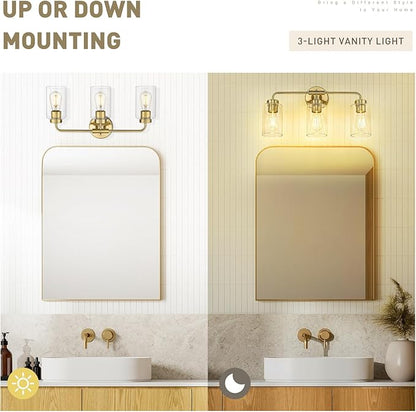 zeyu 3-Light Vanity Lighting Fixtures, Modern Vanity Lighting Fixtures Over Mirror with Cylinder Clear Glass Shade, Brushed Gold Finish, ZS62B-3W BG