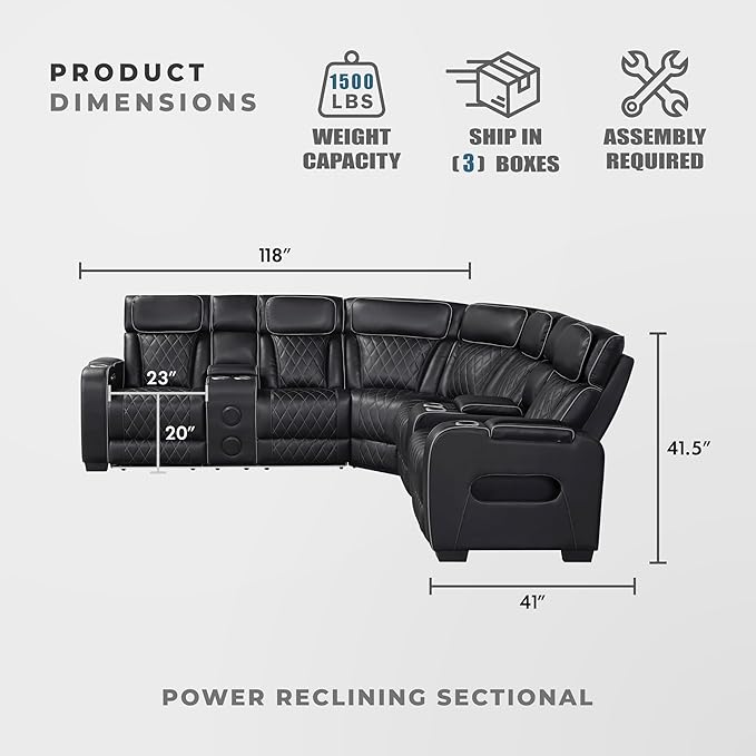 Lexicon 118" Power Reclining Sectional Sofa, Wall Hugger, 2 Recliner Seats