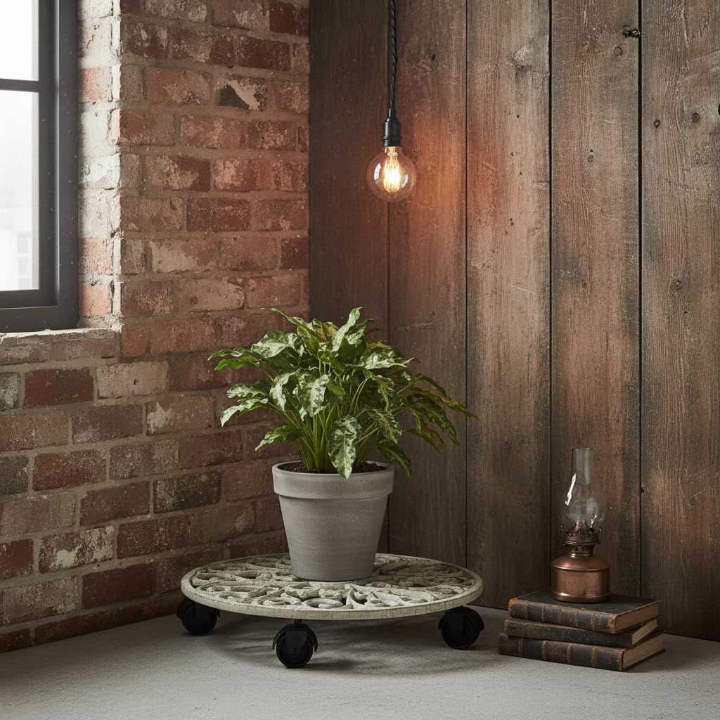 Comfy Hour 12" Cast Iron Plant Caddy with Wheels, Heavy Duty Rolling Flower Pot Stand, Decorative Victorian Style Plant Dolly for Indoor Outdoor Home, Antique White Finish, 1 Unit