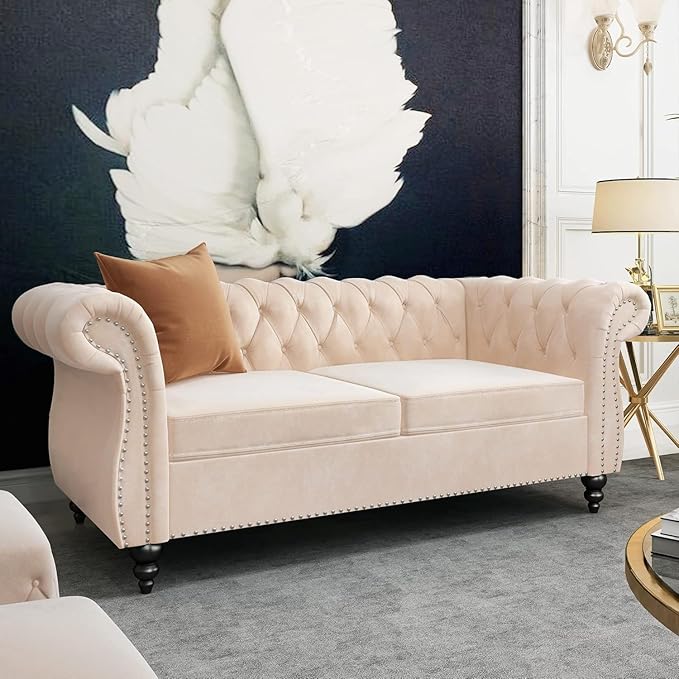 Mid-Century 2 Seater Sofa, Velvet Loveseat