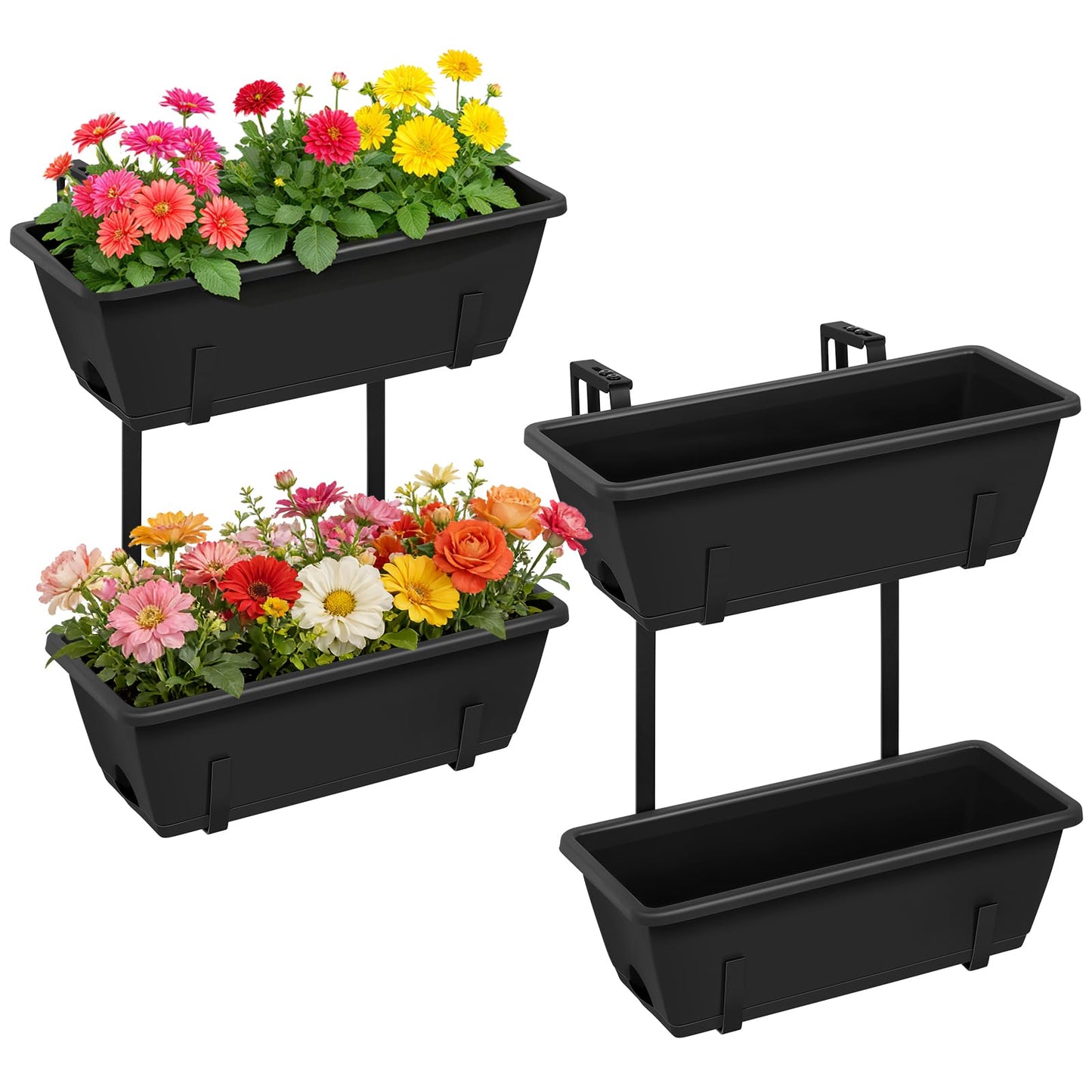 Railing Planter Box 2 Tier Window Boxes Planters Set of 2 with 4 Pack Flower Boxes 16.9 Inch Deck Railing Planter with Adjustable Brackets Black Balcony Fence Hanging Planters for Outdoor Porch Patio