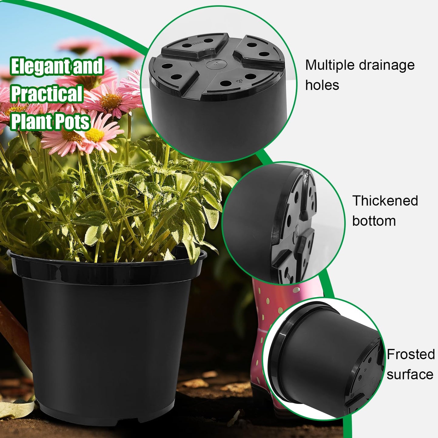 RooTrimmer 3/5/7 Gallon Nursery Pots 9 Pack Set, Plastic Planter with Drainage Holes – Round, Sturdy, Deep Design for Indoor/Outdoor Plants