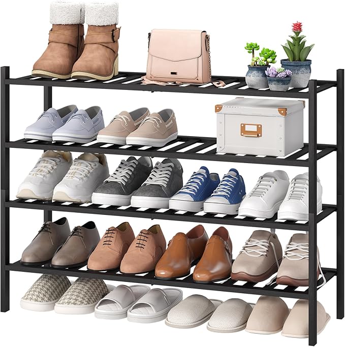viewcare Black 4-Tier Long Shoe Rack, Bamboo Wood