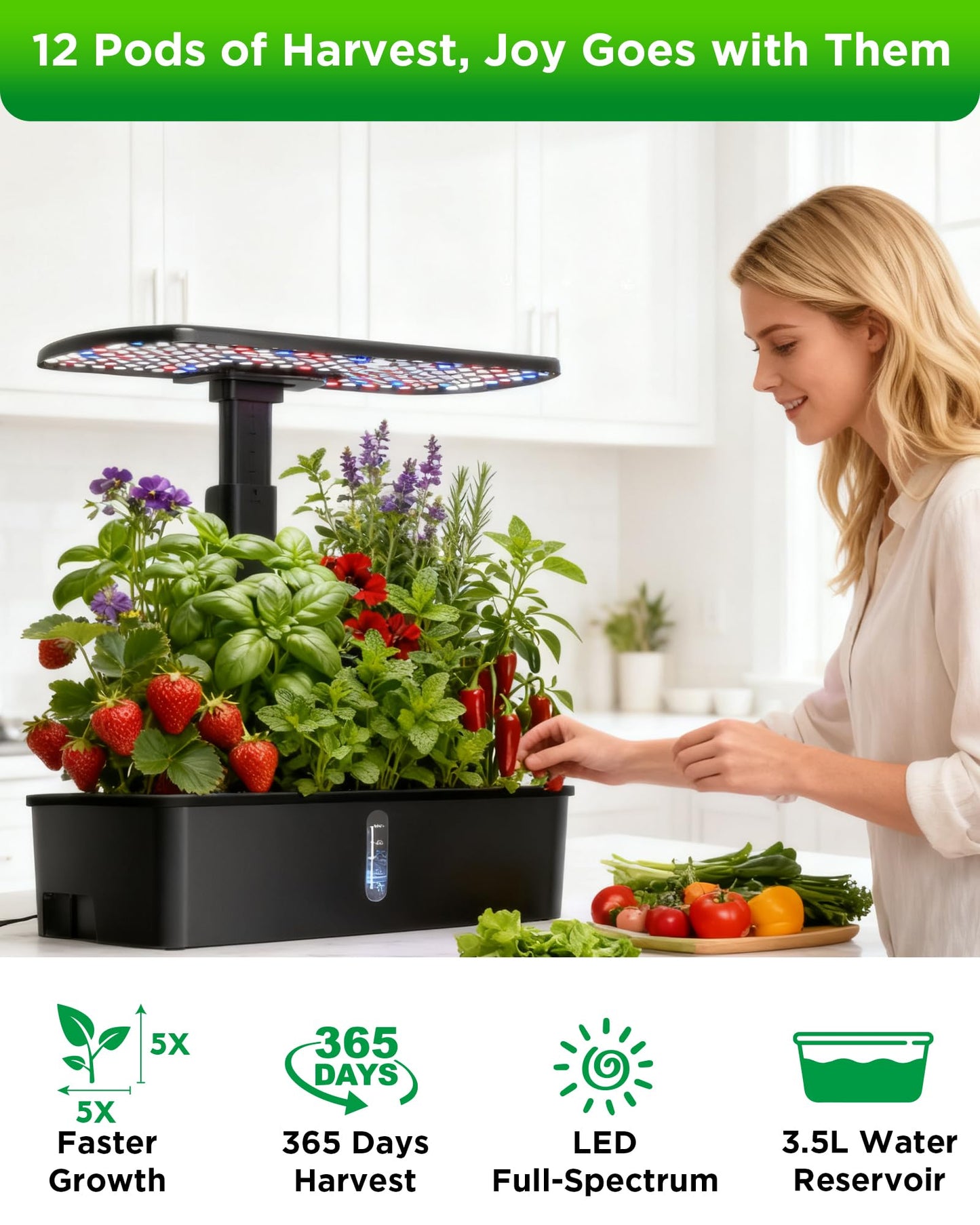 hdroor Hydroponics Growing System Kit 12 Pods Indoor Garden, Hydroponic Indoor Herb Garden Kit with Grow Light, Smart in Door Gardening Gifts for Women, Adjustable Height, Auto Timer, Quiet Pump