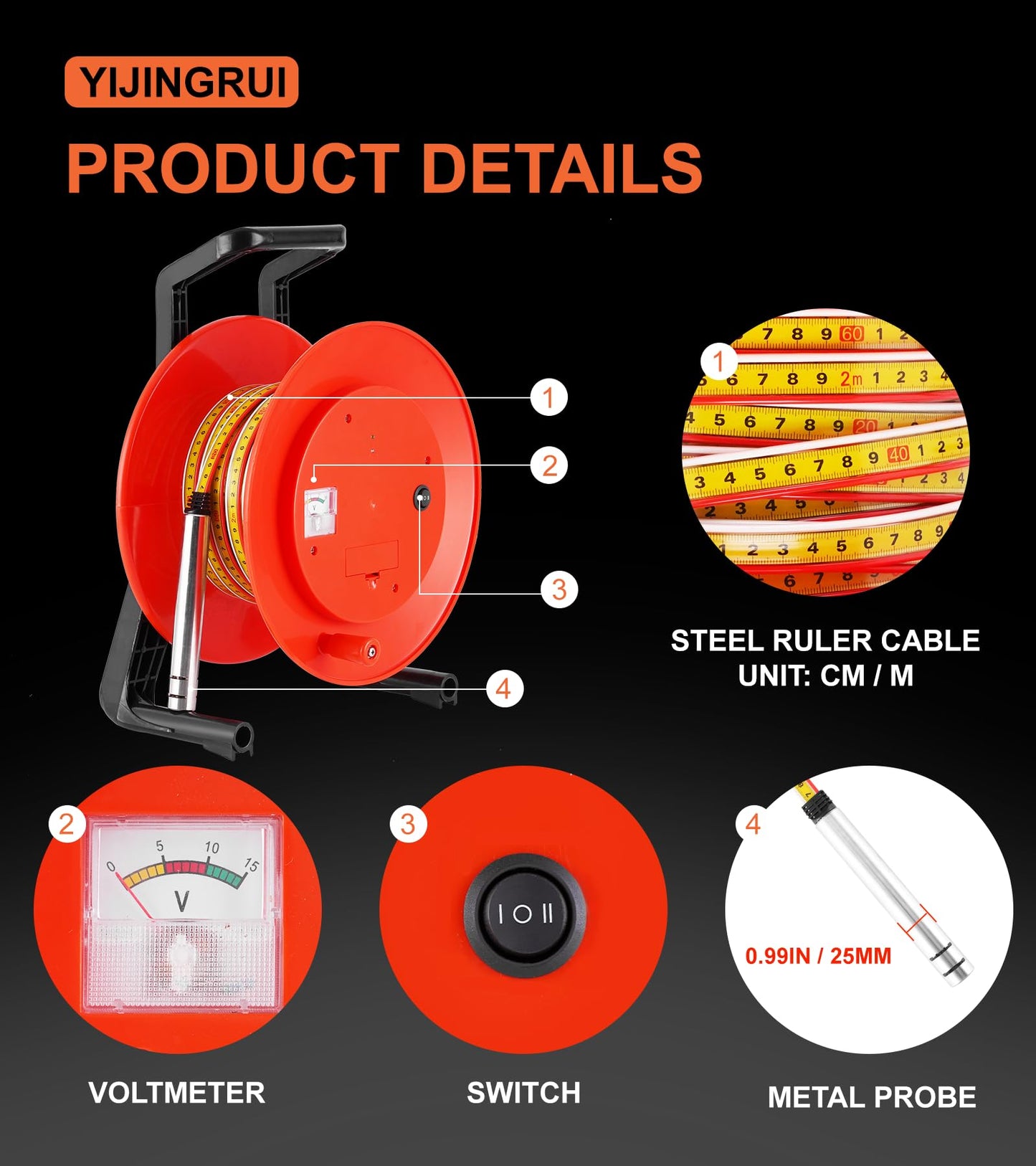 YJINGRUI 329ft/100m Water Level Meter, Water Well Measurement, Water Level Gauge with Fixed Probe and Steel Tape (Diameter 25mm Probe)