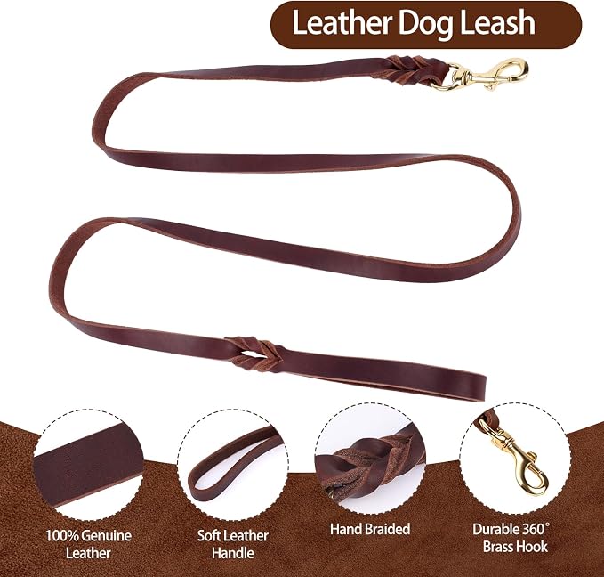 Leather Dog Collar and Leash Set, 6FT Heavy Duty Leather Training Leash with Adjustable Dog Collar, Soft and Durable Dogs Leashes and Collars Set for Small Medium Large Dogs (Brown, XL)