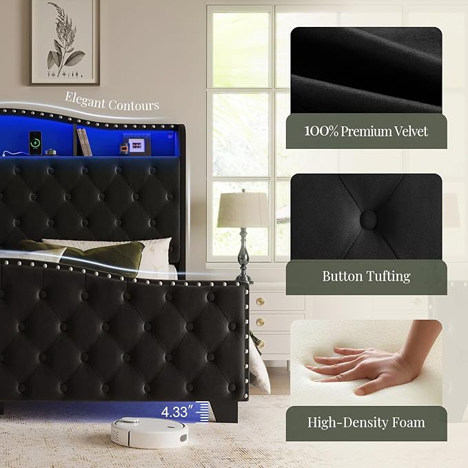 Belffin King Size Bed Frame and Headboard, 50.9" Velvet Upholstered Wingback