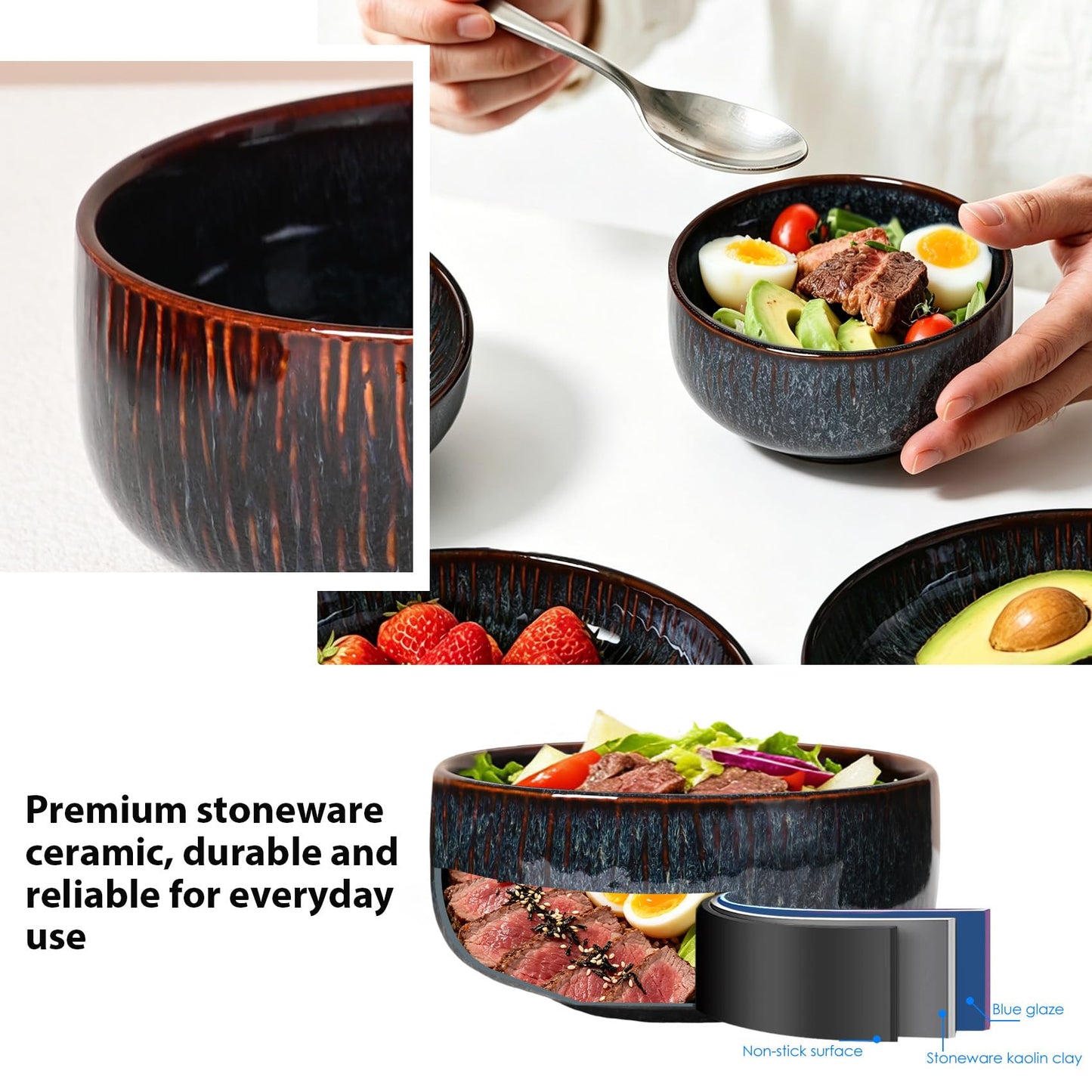 CLAYORA Stoneware Bowls Set of 4, Ceramic Bowl Set, Aesthetic Soup & Cereal Bowls for Salad Bowl, Ice Cream Bowl, Fruit Bowl, Unique Handmade Glaze Finish, Modern Kitchen Dining Decor