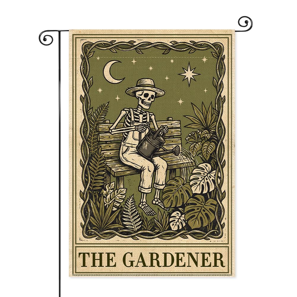 SRWNFOS The Gardener Garden Flags for Outside, Gothic Garden Flag for Plant Lover, Spooky Yard Banner for Gardener, Funny Skeleton Planting Lawn Yard Sign Decor, Halloween Gifts for Family Friends