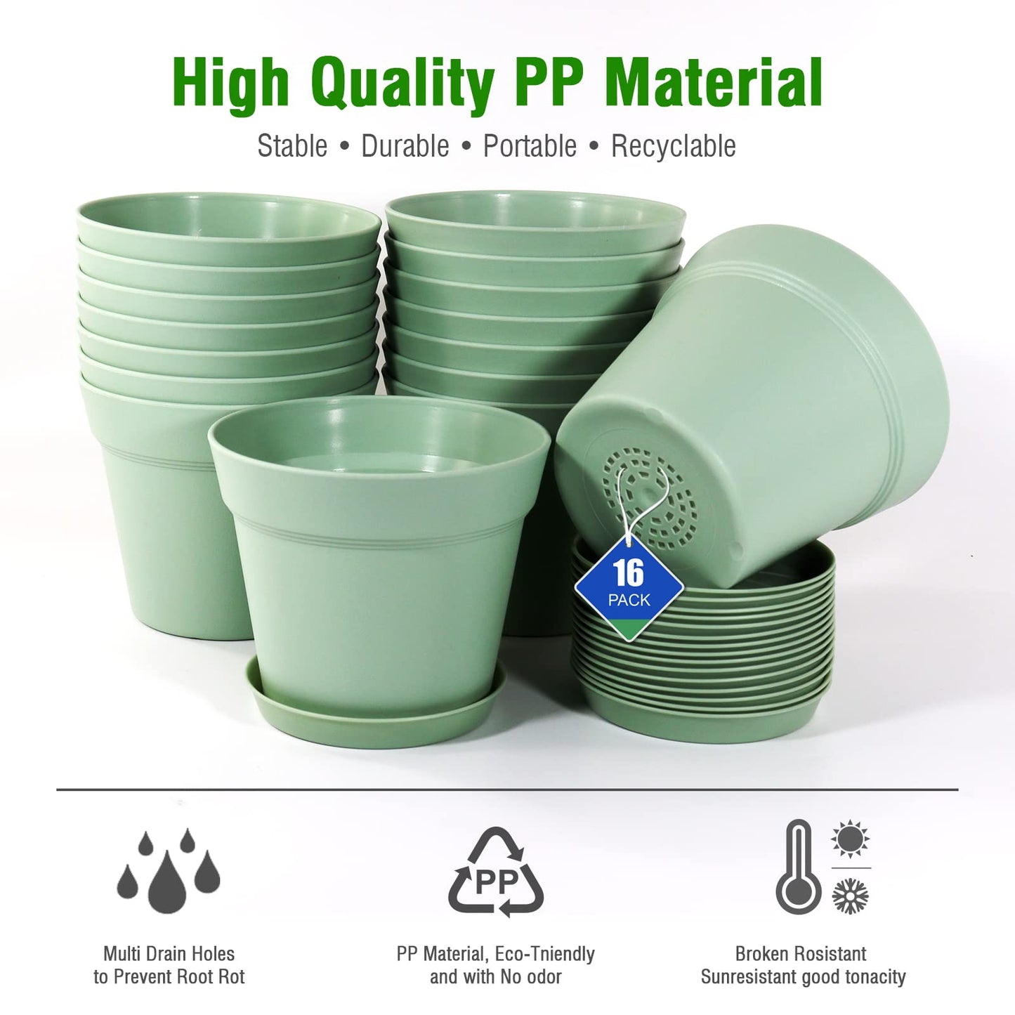 WOUSIWER 16 Pack 6 inch Plastic Planters, Plastic Indoor Planter Flower Pots, Heavy Duty and Stylish 6 Inch Plant Pots for Indoor Plants with Drainage Holes and Tray for Plants Flowers, Green