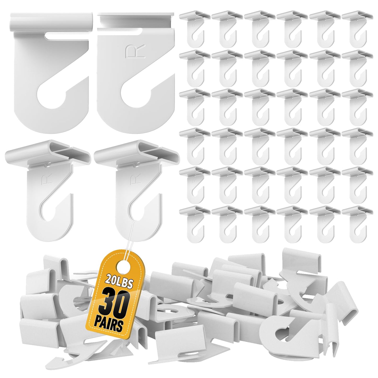 30 Pairs Drop Ceiling Hooks for Hanging Classroom Ceiling Clips Classroom & Ceiling Hanging Hook,White Enamel Finish Heavy Duty T Bar Clips,High Strength Aluminum Hold up to 20 lbs, 1" W x 1½" H