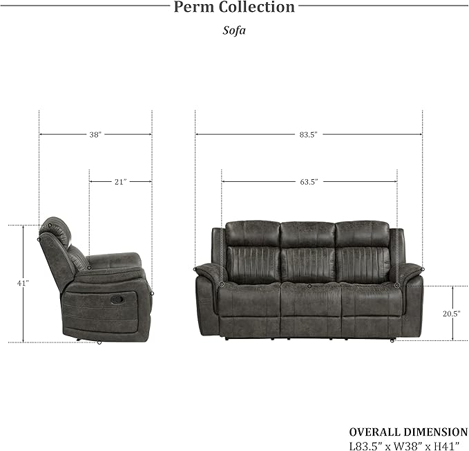 Lexicon Recliner Living Room Set, Home Theater Seating, Manual Polished
